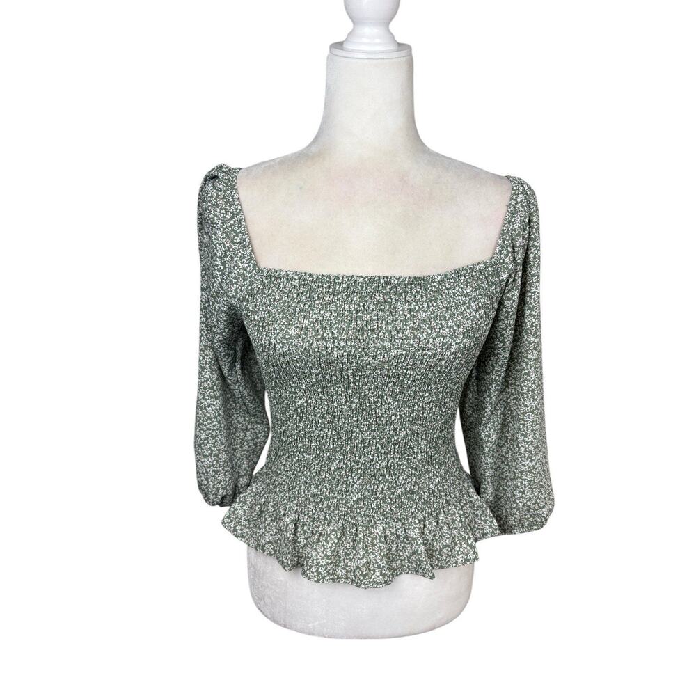 Paper Crane Top Women's Size Small Green Floral Smocked Peasant Boho Y2K - Picture 6 of 13
